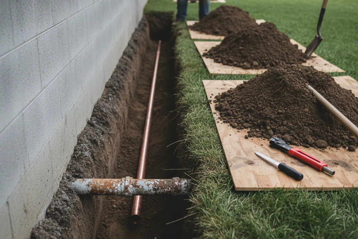 Excavated water line trench during Sewer Line Repair in Three Oaks